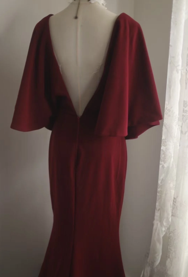 Vintage V Neck Burgundy Satin Mermaid Evening Dress Backless Long Birthday Party Dress