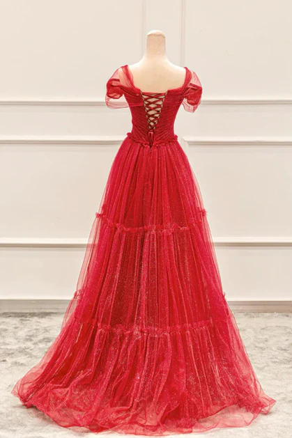 Pretty Red Tulle Off The Shoulder Evening Dress Shiny Sweetheart Prom Party Dress