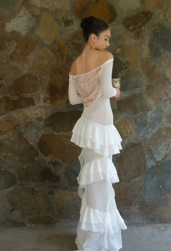Charming Off The Shouler Lace Chiffon Layered Evening Dress,White Long Prom Wedding Dress
