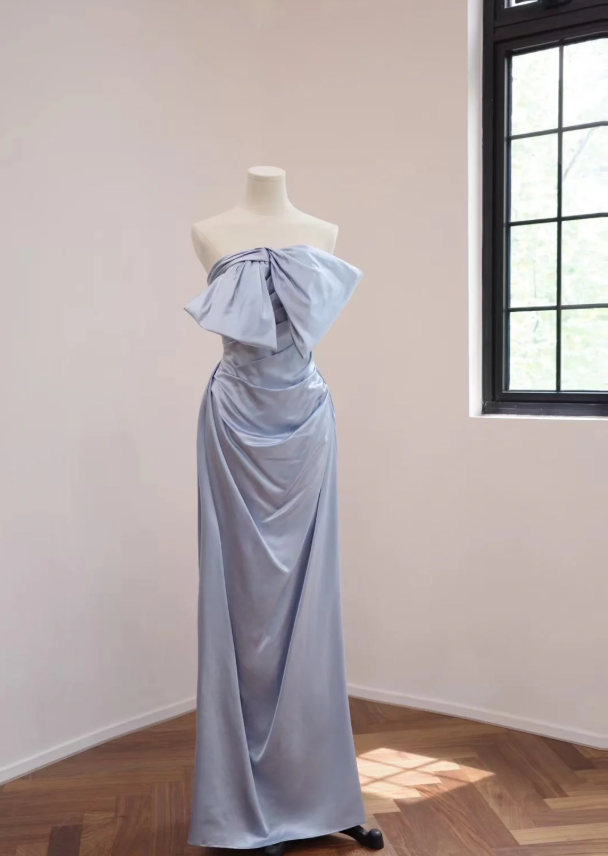 Elegant Bow Strapless Blue Satin Mermaid Long Birthday Party Dress Formal Wedding Guest Dress