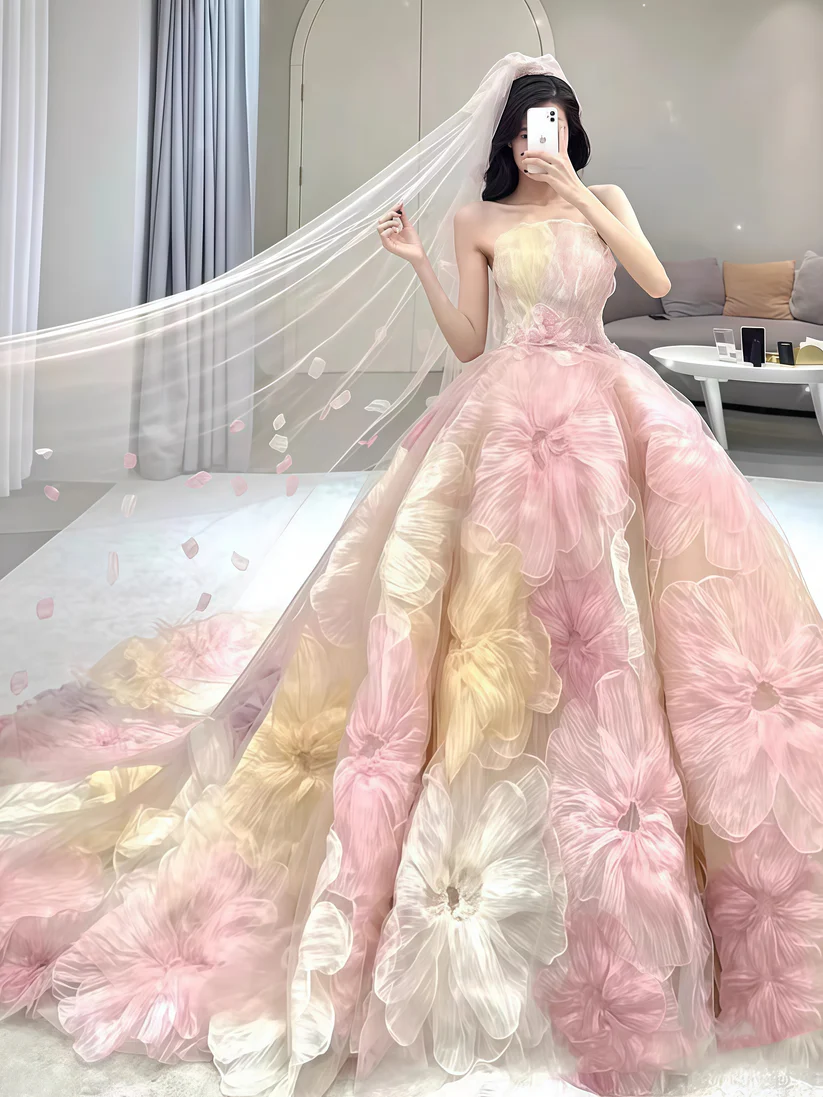 Gorgeous Strapless Tulle Flowers A Line Ball Gown Fairy Wedding Dress