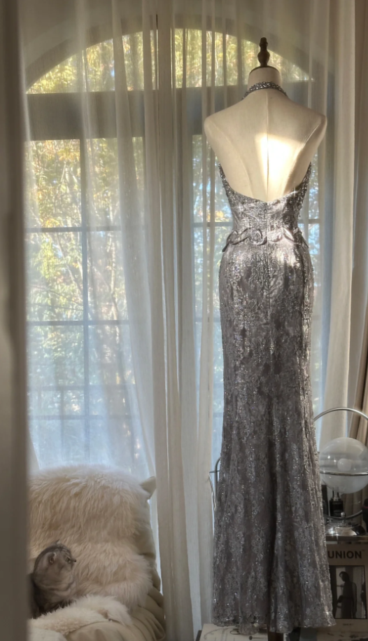 Gorgeous Silver Gray Halter Lace Mermaid Long Party Dress Prom Dresses