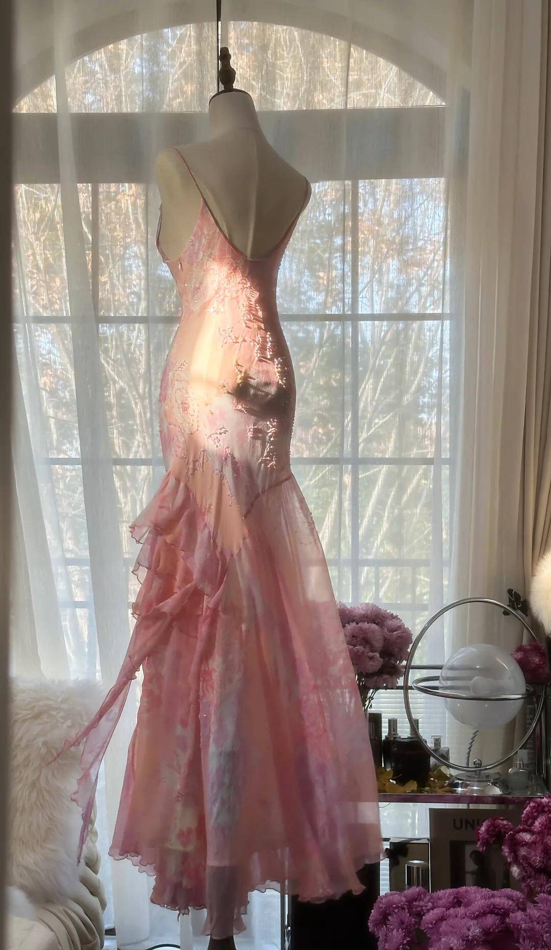 Classy Pink Spaghetti Straps Chiffon Beaded evening Dress Long Mermaid Birthday Party Dress