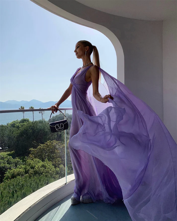 Sexy V Neck Lilac Tulle Prom Dress Long Party Evening Gown