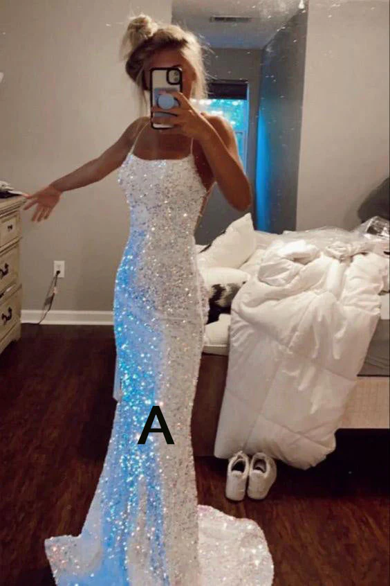 Beautiful White Sequins Long Prom Dress,Formal Party Evening Gown