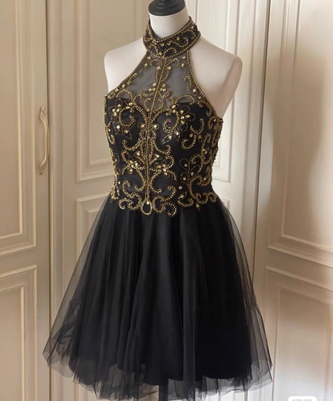 Stylish Halter Tulle Beaded A Line Homecoming Dress Black Sleeveless Birthday Dress Cocktail Dress