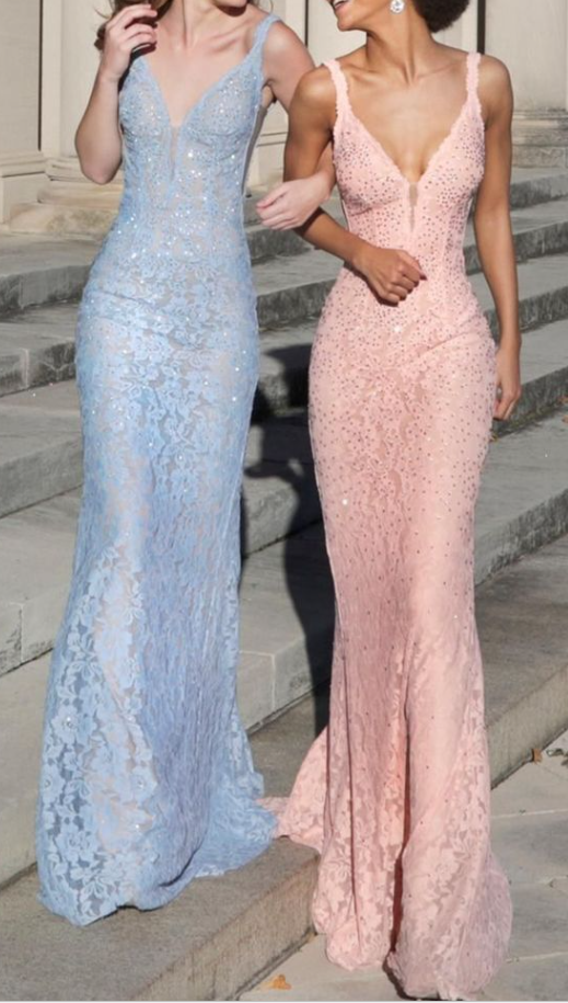Charming V Neck Lace Beaded Evening Dress Mermaid Party Prom Gown