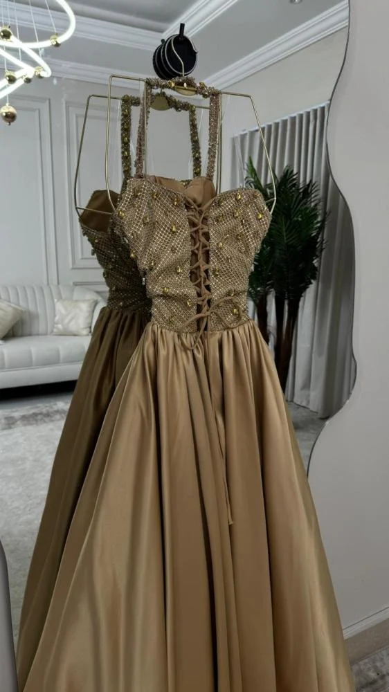Luxurious Halter Satin Beaded Long Evening Dress Formal Birthday Party Dress