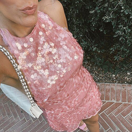 Elegant Pink Halter Sleeveless Sequin Short Party Dress Birthday Outfits