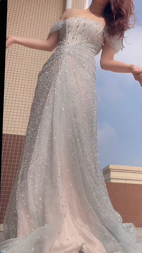 Sparkly Silver Tulle Sequin Beaded Mermaid Long Evening Dress Off The Shoulder Birthday Party Dress