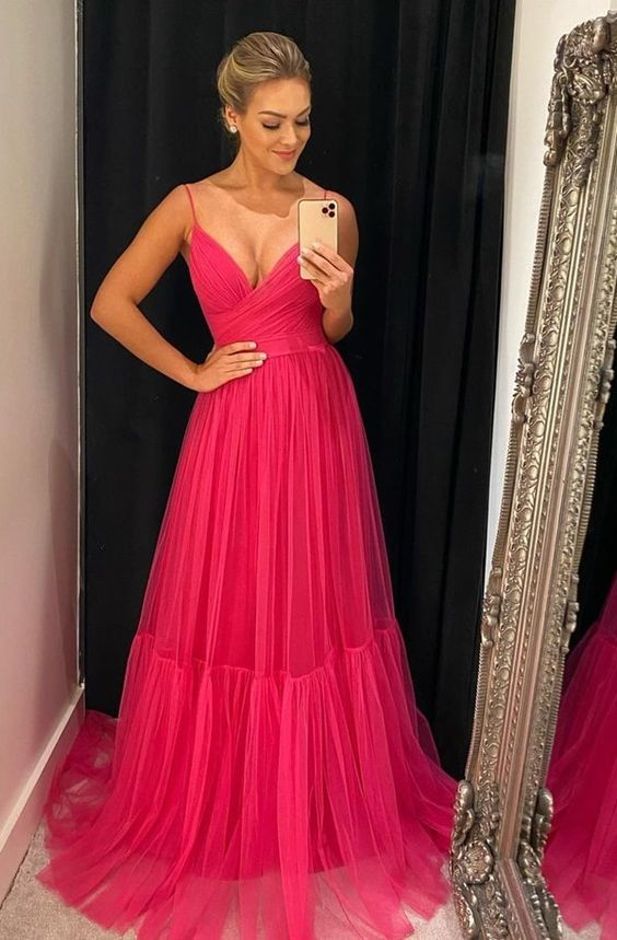 Hot Pink Tulle Prom Dresses Long Evening Gowns