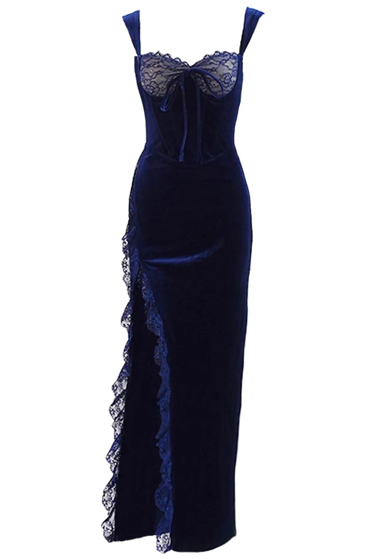 Sexy Blue Velvet Lace Slit Party Dress Sheath Prom Evening Gown