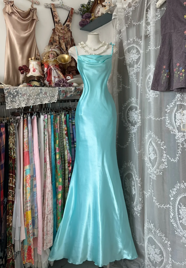 Vintage Spaghetti Strap Blue Satin Mermaid Evening Dress Prom Dress
