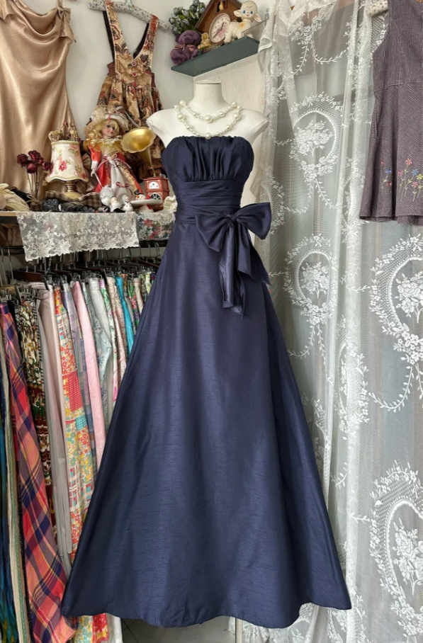 Elegant Navy Blue Strapless Satin Bow A Line Long Wedding Guest Dress Party Dress