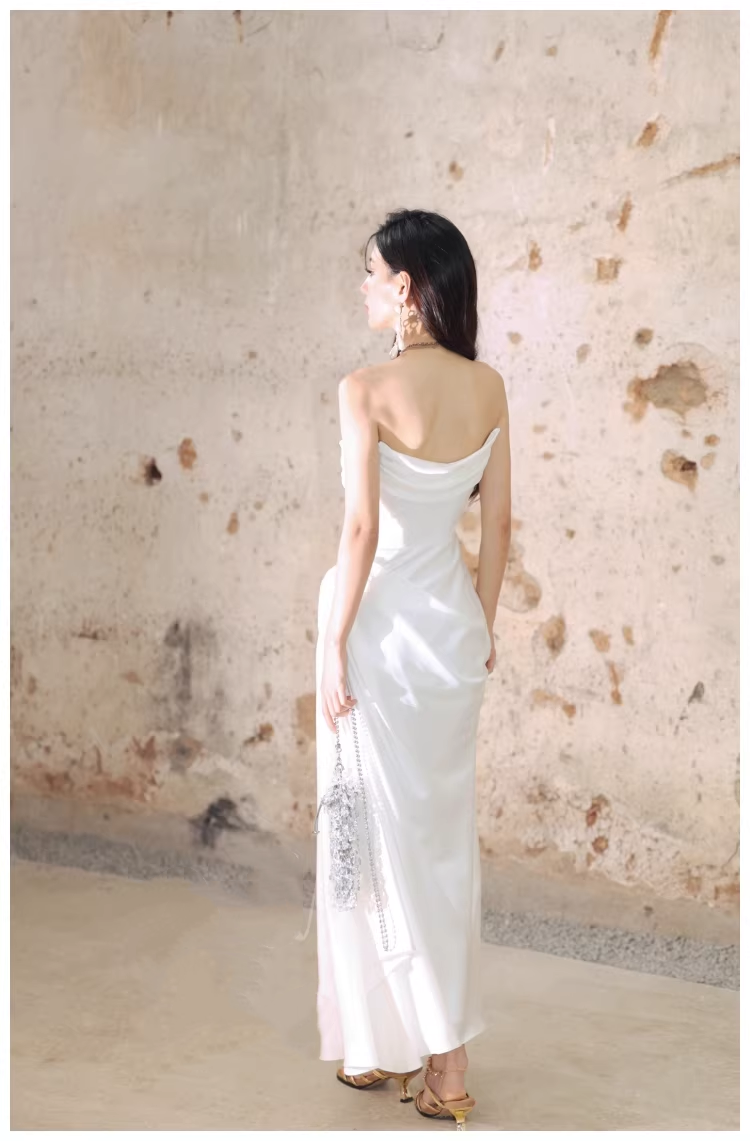 Charming Strapless Satin Pleated Mermaid Long Evening Dress White 19th Birthday Outfits