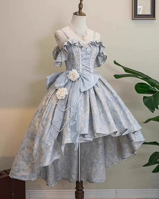 Fairy Blue Satin Print Floral A Line Homecoming Dress Cute Birthday Dress
