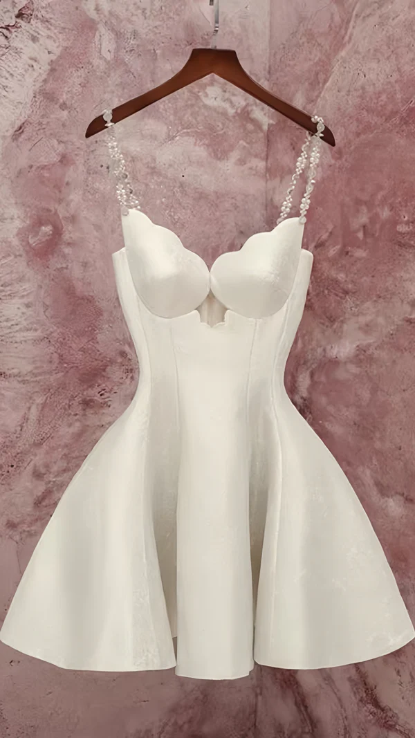Sexy White Spaghetti Straps Satin A Line Short Party Dress Formal Homecoming Dress 20th Birthday Dress