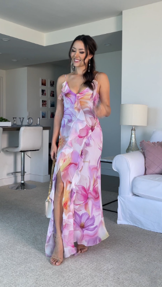 Beautiful Chiffon Print Floral Ruffles Evening Dress,Slit Long Prom Party Gown