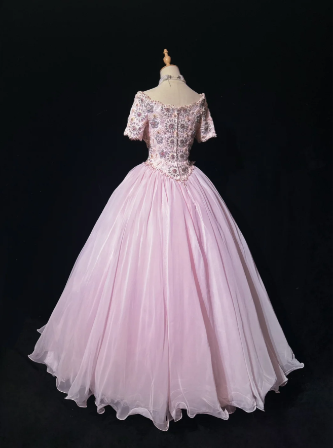 Charming Pink Tulle Lace Beaded Ball Gonn Long Birthady Evening Dress
