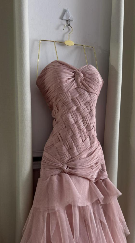 Pretty Pink Strapless Tulle Pleated Mermaid Evening Dress Long Birthday Party Dress