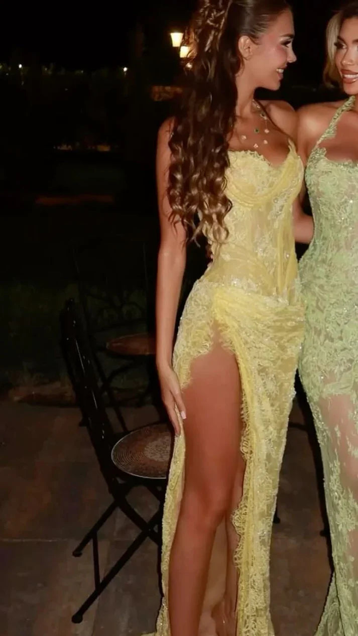Elegant Pale Yellow Mermaid Strapless High-Slit Lace Long Prom Dress Evening Dress