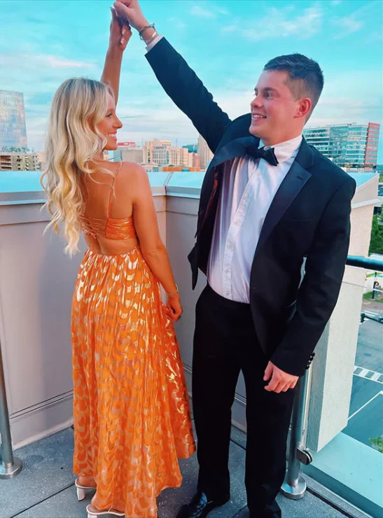 Chic Orange Long A Line Prom Dress Spaghetti Straps Evening Party Gown
