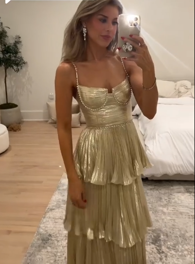 Stylish Gold Spaghetti Straps Satin Pleated Layered Long Wedding Guest Dress Evening Dress