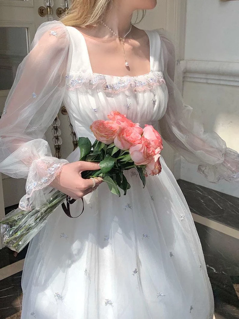 White Mesh Fairy Dress Woman French Vintage Embroidery Floral Flare Sleeve Princess Prom Dresses
