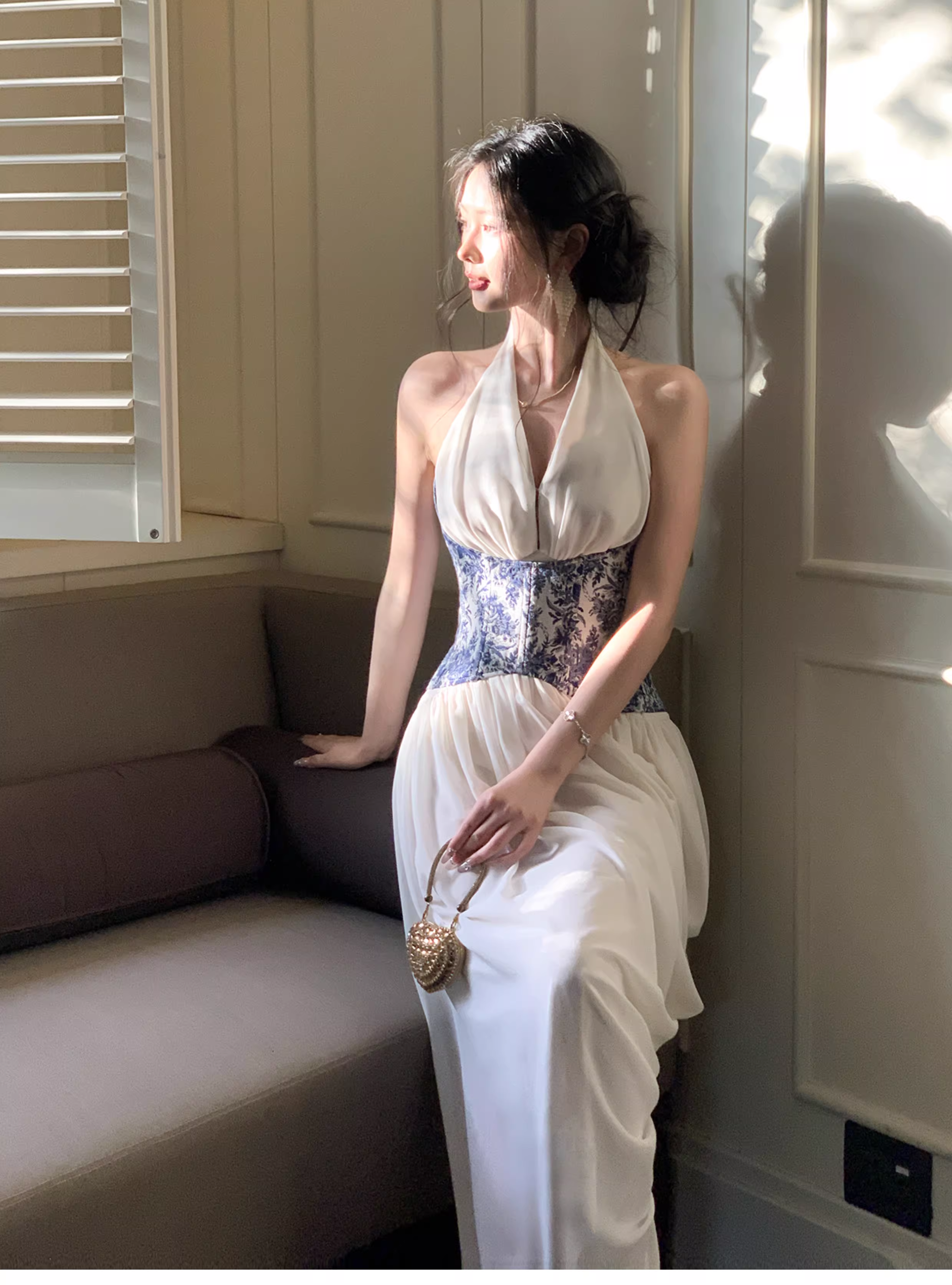 Unique Halter V Neck White Chiffon Pleated Long Prom Dress Birthday Evening Dress