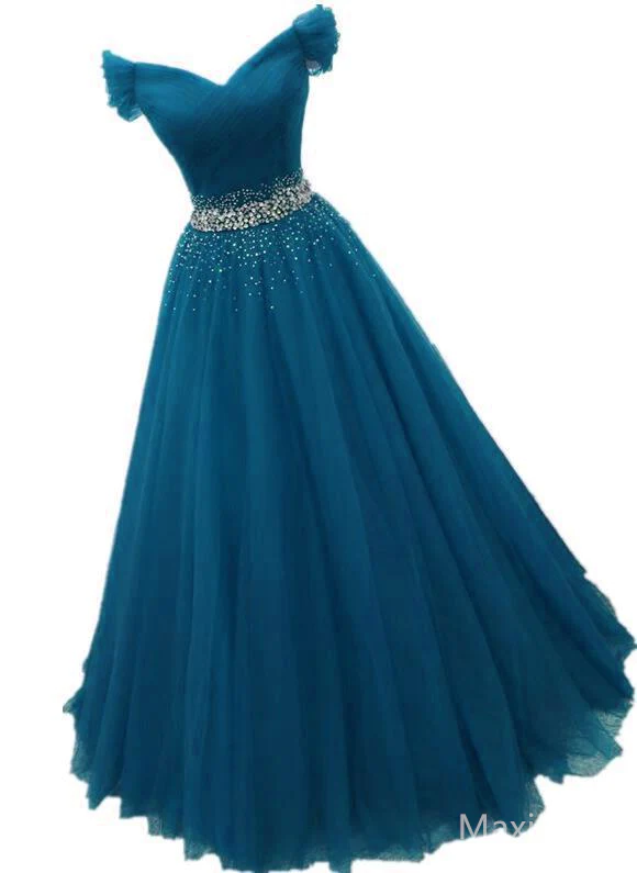 Charming Tulle Off Shoulder Beaded Waist Long Evening Dress, A-Line Prom Dress