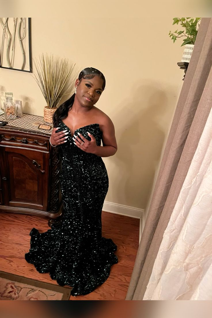 Mermaid Dark Green Sequins Long Prom Dresses