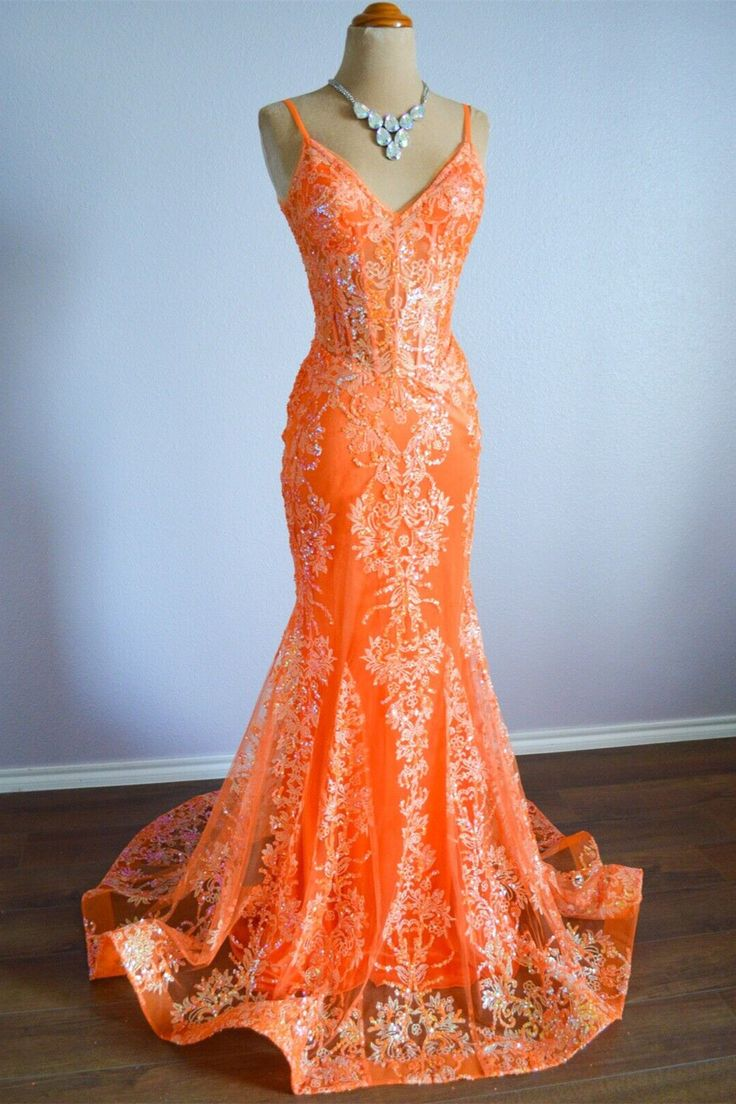 Orange Mermaid Spaghetti Straps Sequins Applique Long Prom Dress