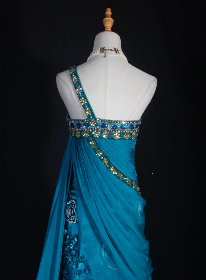 Vintage Blue One Shoulder Satin Beaded Mermaid Evening Dress Long Party Dress With Florals
