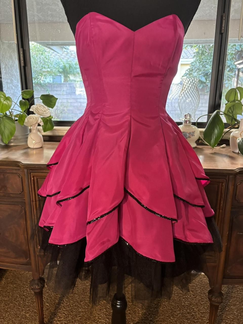 Cute Hot Pink Strapless Satin Layered A Line Short Party Dress Formal Homecoming Dress Birthday Outfits
