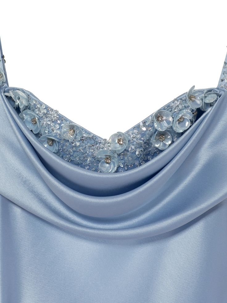 Classy Blue Spaghetti Straps Satin Beaded Mermaid Evening Dress Long Wedding Guest Dress