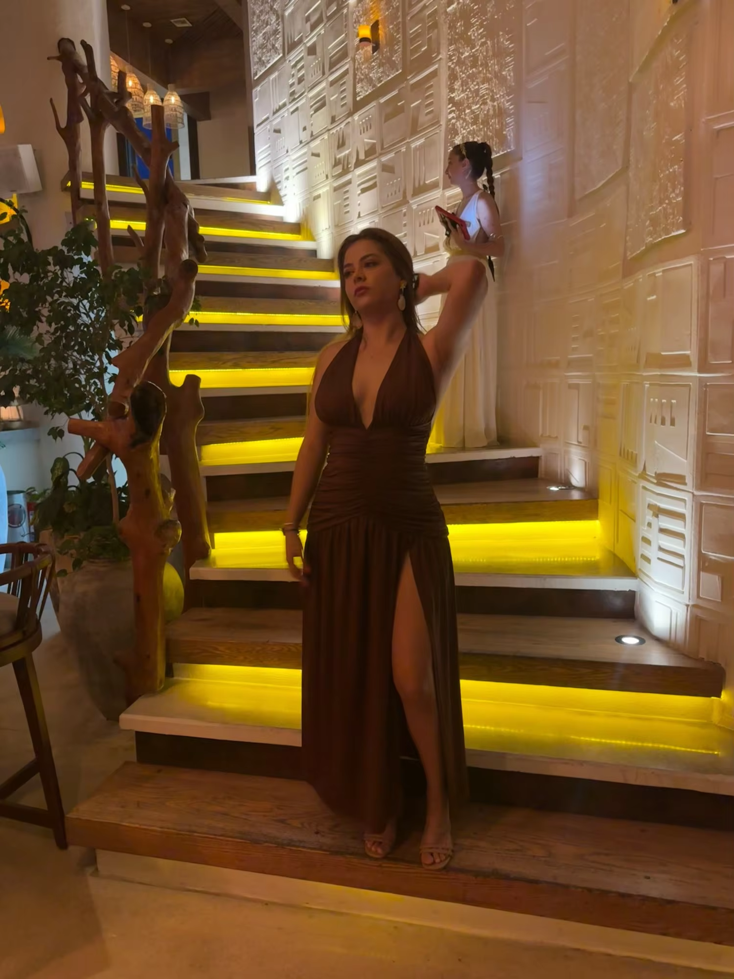 Sexy Halter Backless Party Evening Dress,Brown V Neck Slit Prom Dress