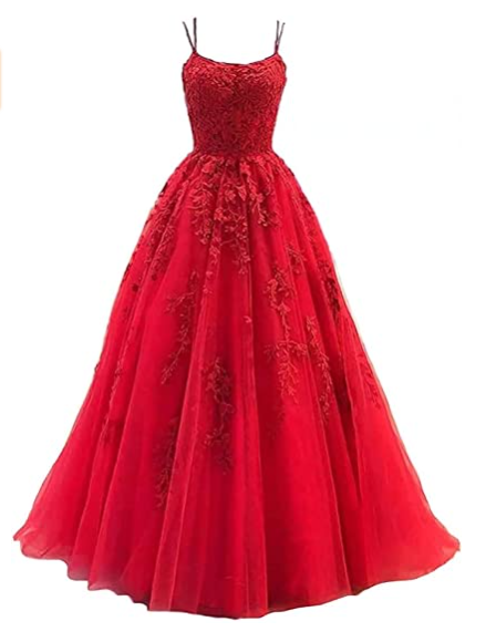 Green spaghetti strap prom dress, long tulle lace appliquéd women's party dress