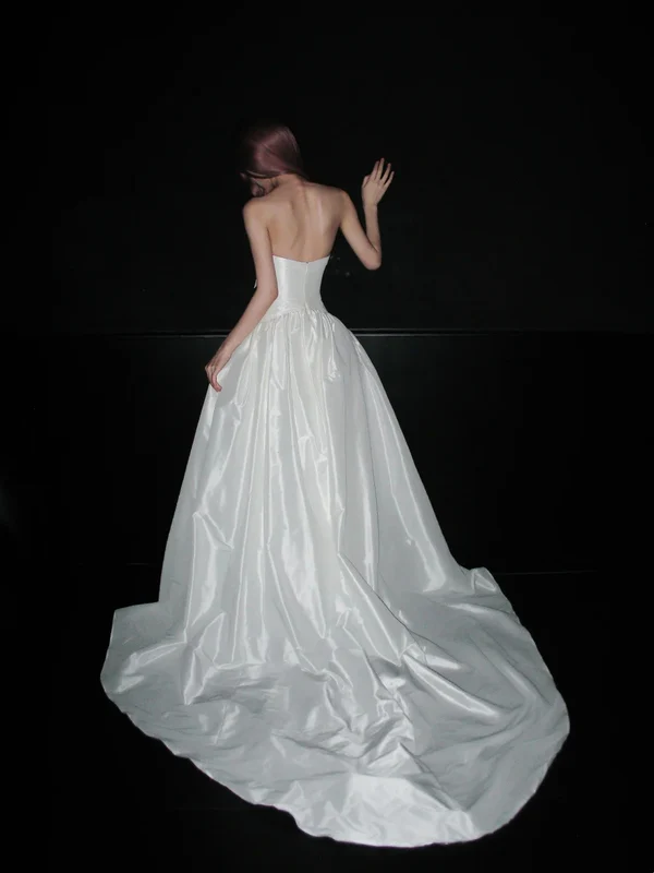 Pretty White Bow Strapless Satin Long Wedding Dress Formal Bridal Dress