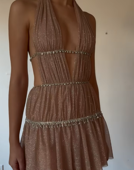 Shiny Halter Deep V Tulle Beaded Short 7th Grade Homecoming Dress Sexy Cocktail Dress