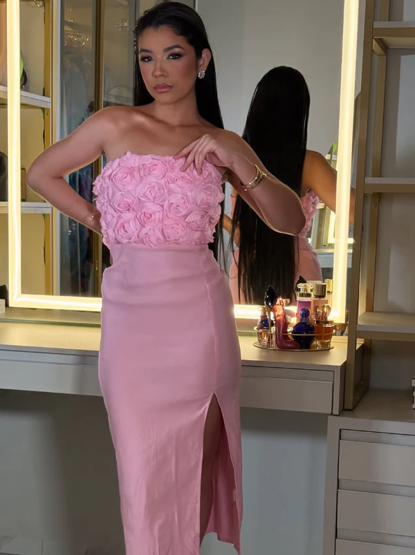 Chic Pink Strapless Rose Flowers Prom Dress,Sheath Slit Evening Dress