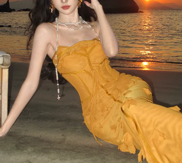 Unique Orange Mermaid Evening Gown Spaghetti Strap 3D Flower Long Prom Dress
