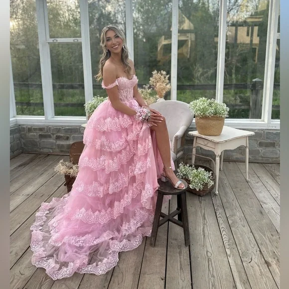 Charming Pink Off The Shoulder Lace Tulle Layered Evening Dress Formal Prom Dress