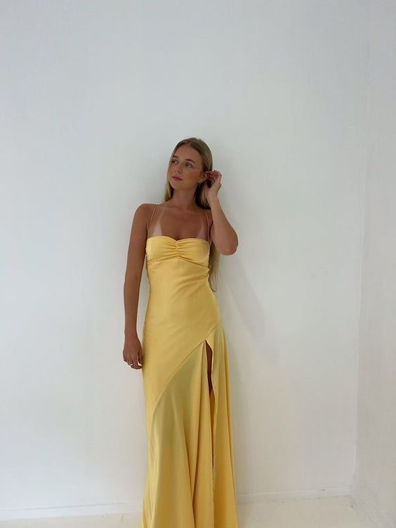 Sexy Spaghetti Straps Yellow Satin Slit Party Dress Evening Dress