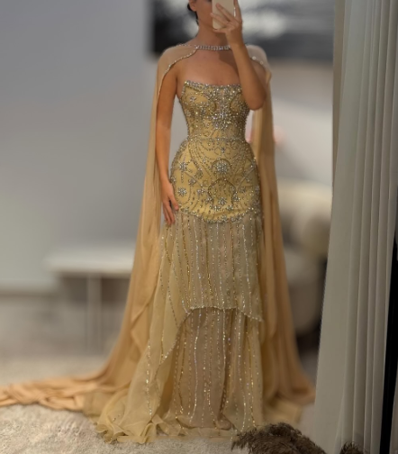 Glitter Yellow Chiffon Sequin Beaded Mermaid Evening Dress Long Birthday Prom Gown