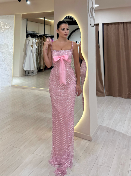 Gorgeous Spaghetti Straps Pink Sequin Beaded Mermaid Evening Dress Long Party Dress