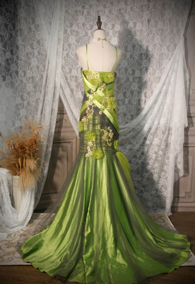 Vintage Green Spaghetti Straps Satin Tulle Appliques Mermaid Prom Dress Long Evening Dress