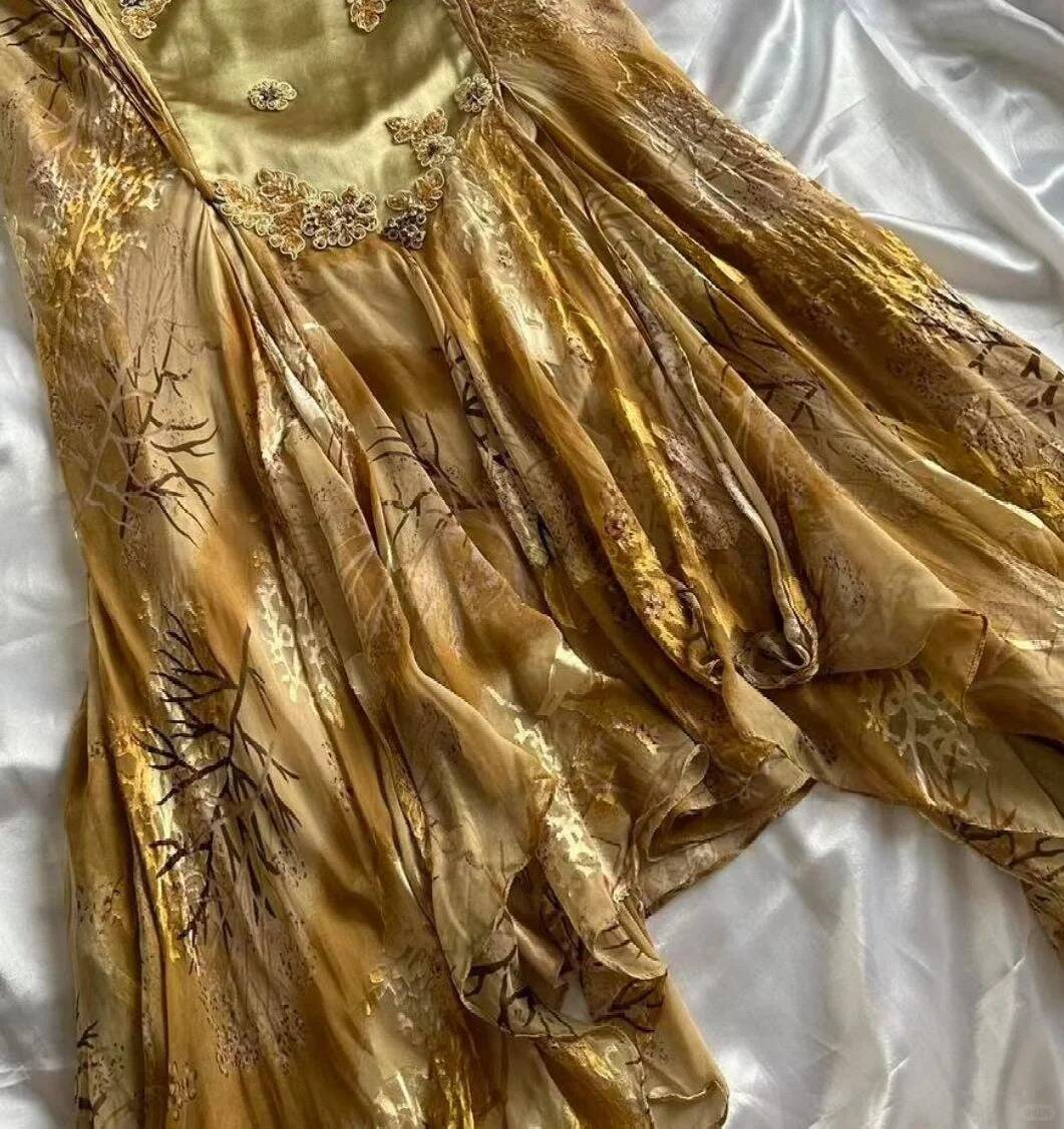 Gold Spaghetti Straps Mermaid Appliques Party Dress Evening Dress