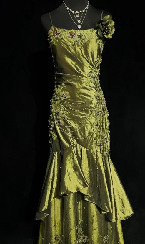 Vintage Spaghetti Strap Olive Green Satin Beaded Mermaid Long Prom Dresses Formal Prom Gown
