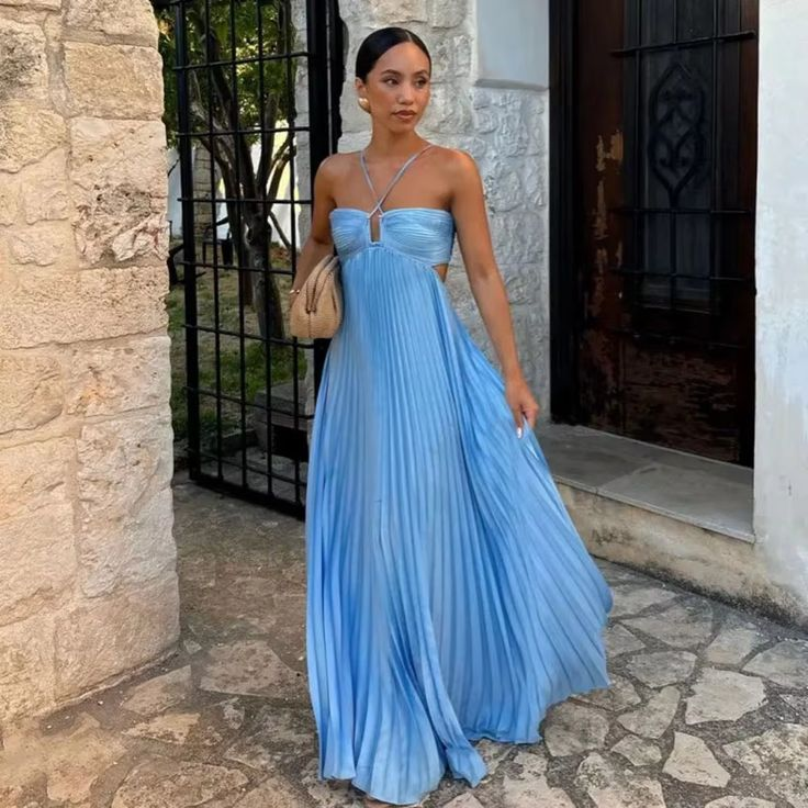 Halter Blue Pleated Long Prom Dress Formal Evening Dress