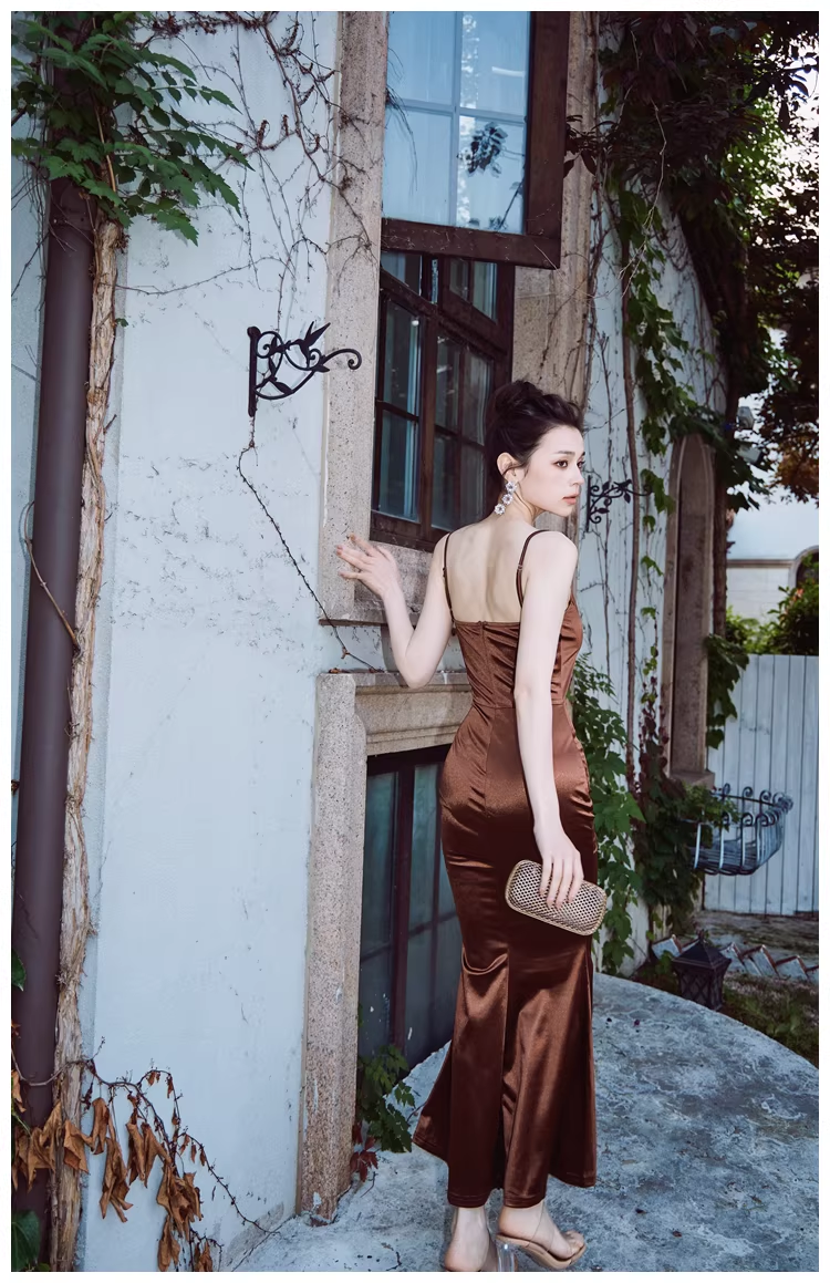 Stylish Spaghetti Straps Brown Satin Mermaid Long Evening Dress Formal Wedding Guest Dress